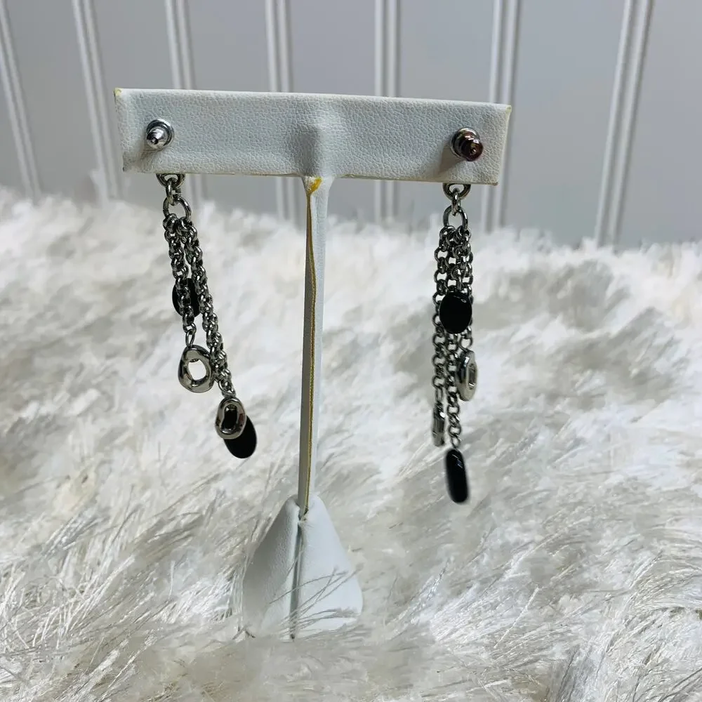 Silver Chain Earrings  Black Bead Multiple Strands 2.5